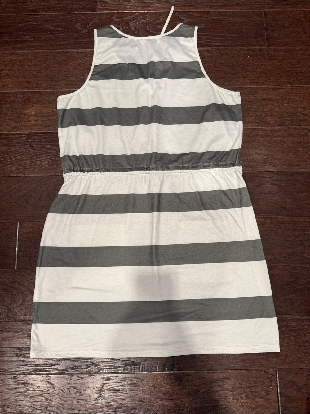 Striped Drawstring Tank Dress in White and Olive - Picture 6 of 6
